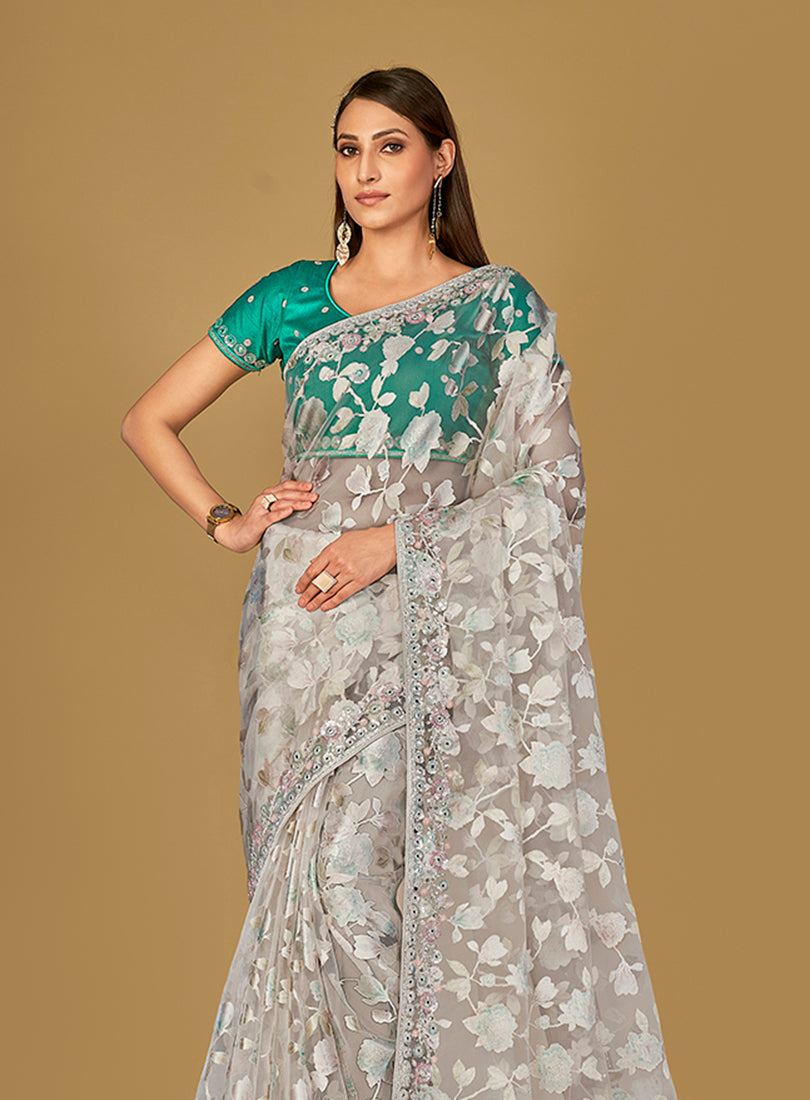 Monjolika Fashion Off White Color Organza Brasso With Beautiful Printed Saree | Grocsy