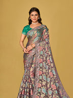 Monjolika Fashion Grey Silk Organza Brasso Festive Wear Printed Saree | Grocsy