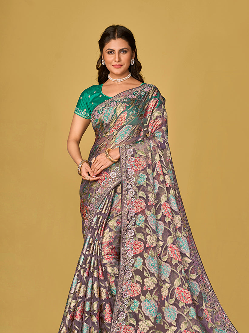 Monjolika Fashion Grey Silk Organza Brasso Festive Wear Printed Saree | Grocsy