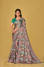 Monjolika Fashion Grey Silk Organza Brasso Festive Wear Printed Saree | Grocsy