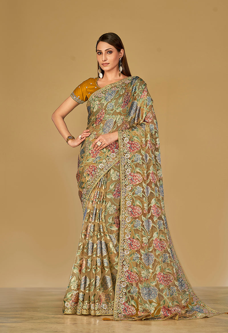 Monjolika Fashion Mustard Silk Organza Brasso Festive Wear Printed Saree | Grocsy