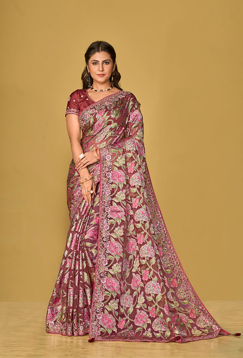 Monjolika Fashion Burgundy Silk Organza Brasso Festive Wear Printed Saree | Grocsy