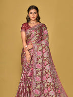 Monjolika Fashion Burgundy Silk Organza Brasso Festive Wear Printed Saree | Grocsy