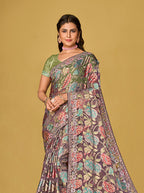 Monjolika Fashion Grey Silk Organza Brasso Festive Wear Printed Saree | Grocsy