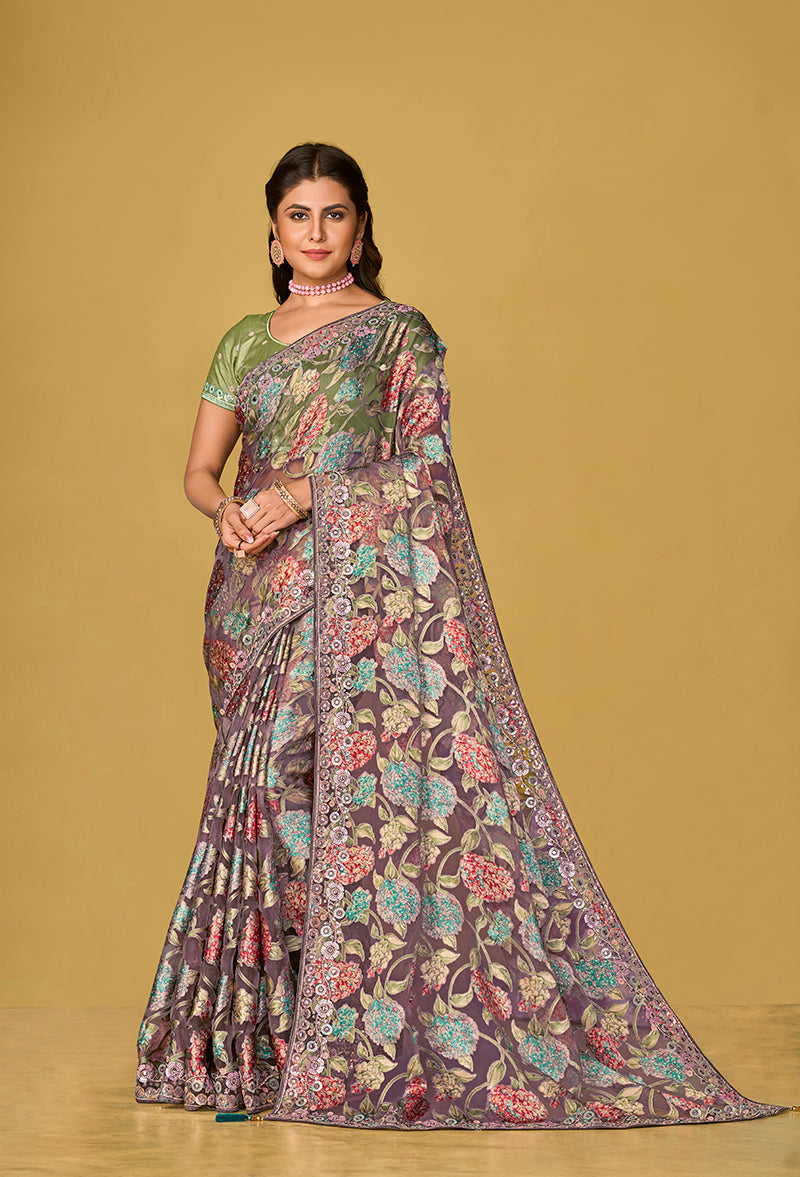 Monjolika Fashion Grey Silk Organza Brasso Festive Wear Printed Saree | Grocsy