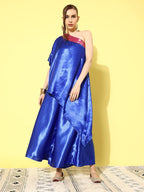 InWeave Women's Blue Pink Brocade Satin Oneshoulder Kurta Set | Grocsy
