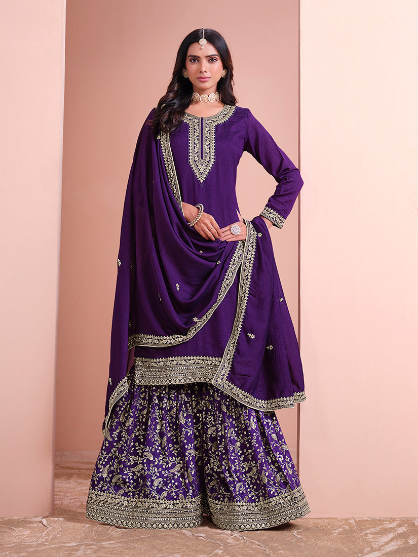 Monjolika Fashion Dark-Purple Color Embroidered Santoon Art Silk Salwar Suit | Grocsy
