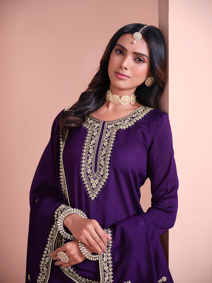 Monjolika Fashion Dark-Purple Color Embroidered Santoon Art Silk Salwar Suit | Grocsy