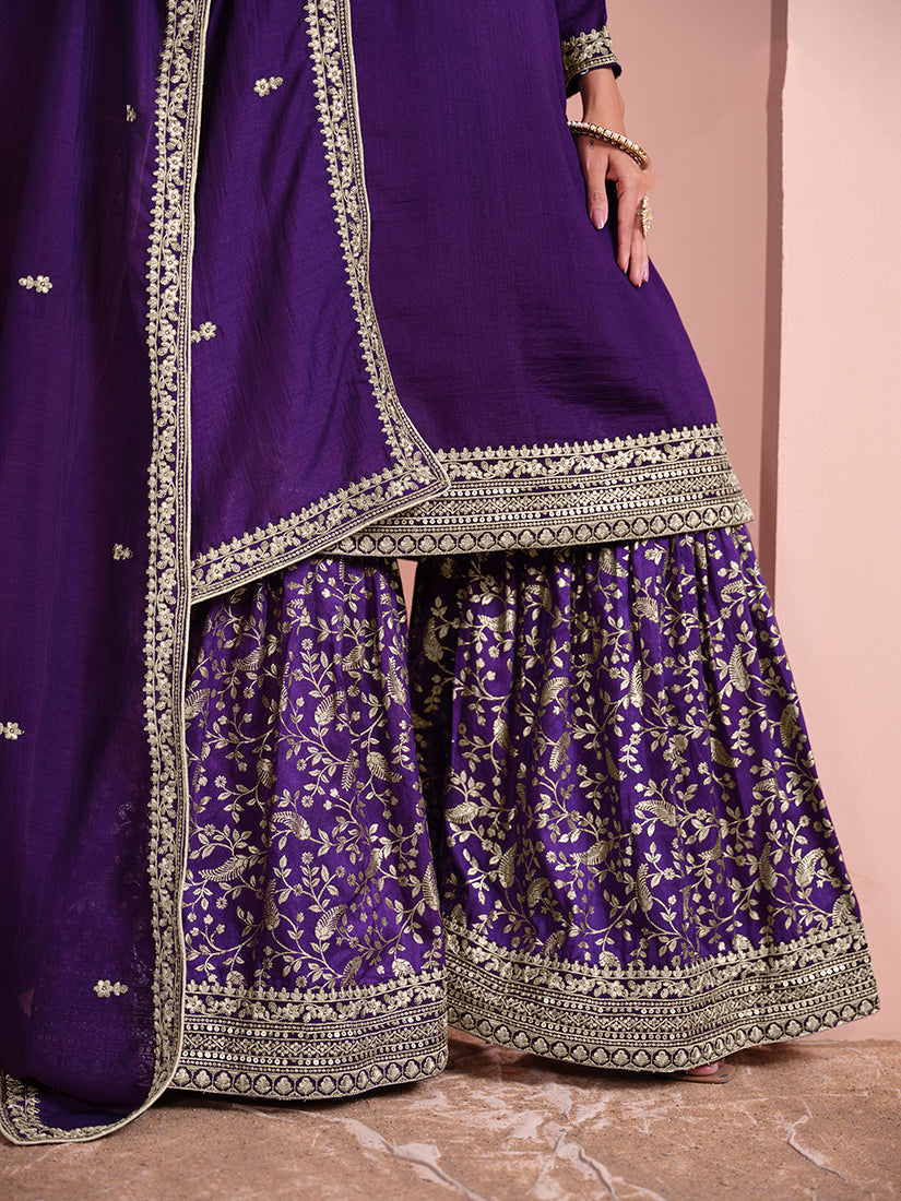 Monjolika Fashion Dark-Purple Color Embroidered Santoon Art Silk Salwar Suit | Grocsy