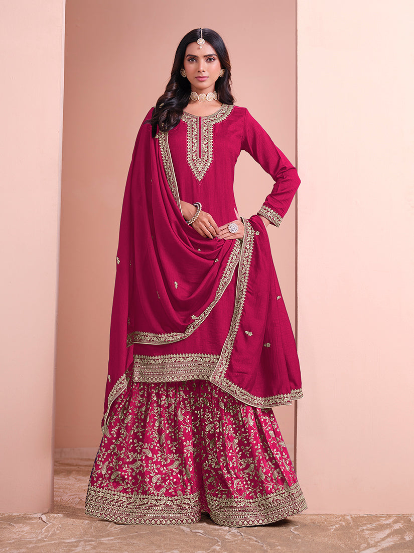 Monjolika Fashion Rani-Pink Color Embroidered Santoon Art Silk Salwar Suit | Grocsy