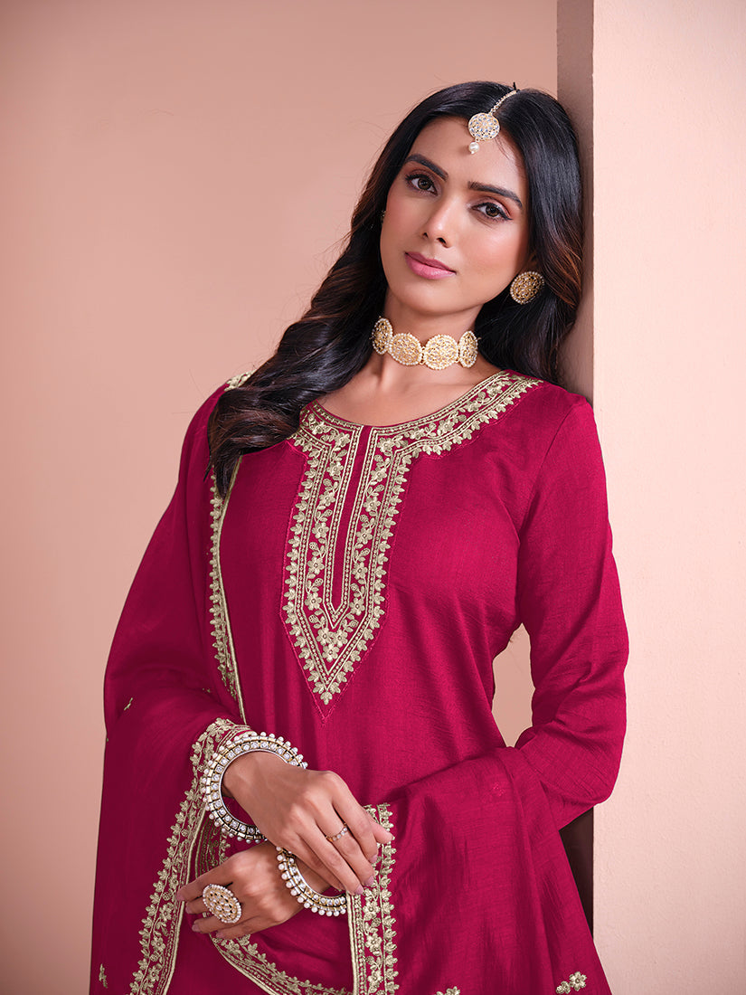 Monjolika Fashion Rani-Pink Color Embroidered Santoon Art Silk Salwar Suit | Grocsy