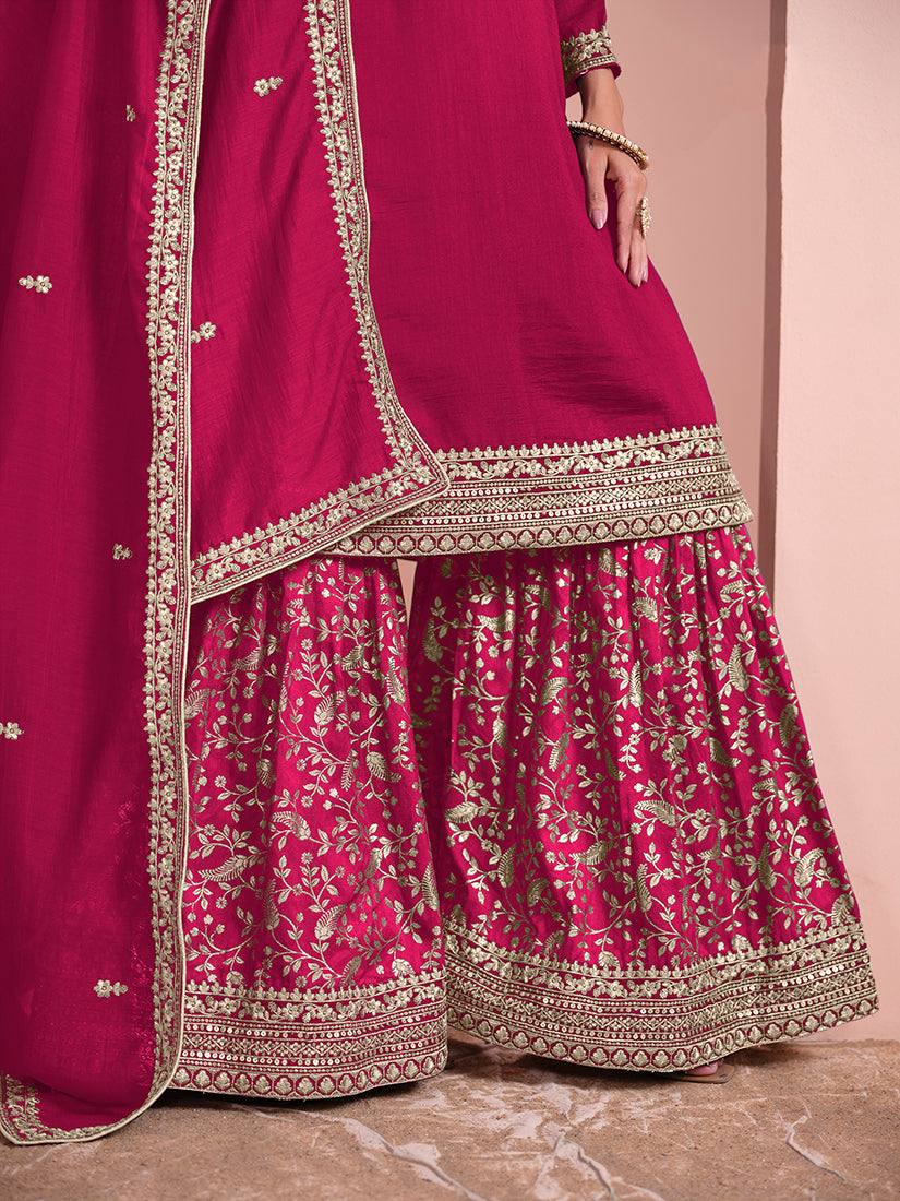 Monjolika Fashion Rani-Pink Color Embroidered Santoon Art Silk Salwar Suit | Grocsy
