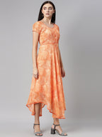 Souchii Orange Floral Chiffon Midi Dress | Grocsy