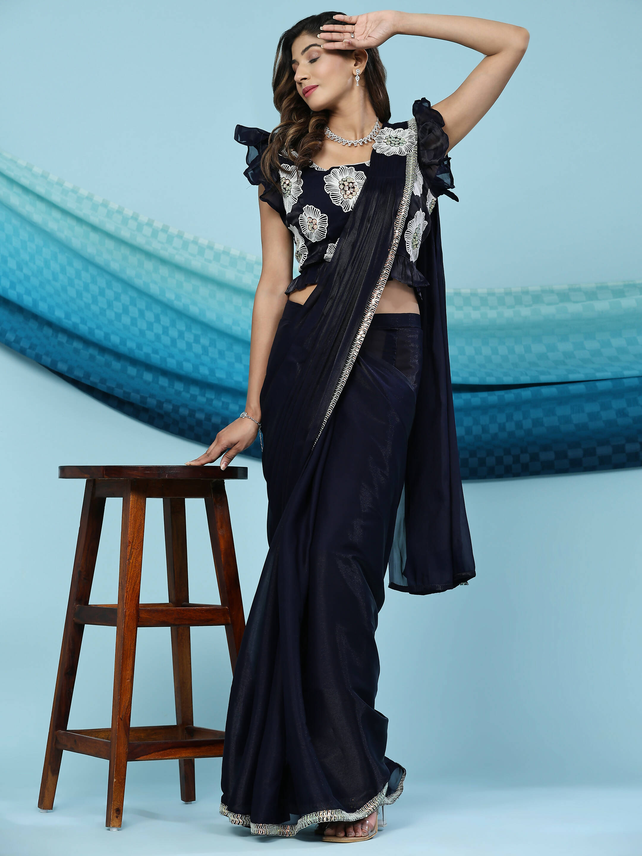 Black Silk Satin Sequence Work Ready to Wear Saree with stitched Blouse - Nirvana | Grocsy