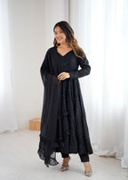 Lorenvalley Fashion Black Faux Georgette Lucknowi Sequence Work Anarkali Kurta Pant With Dupatta Set | Grocsy