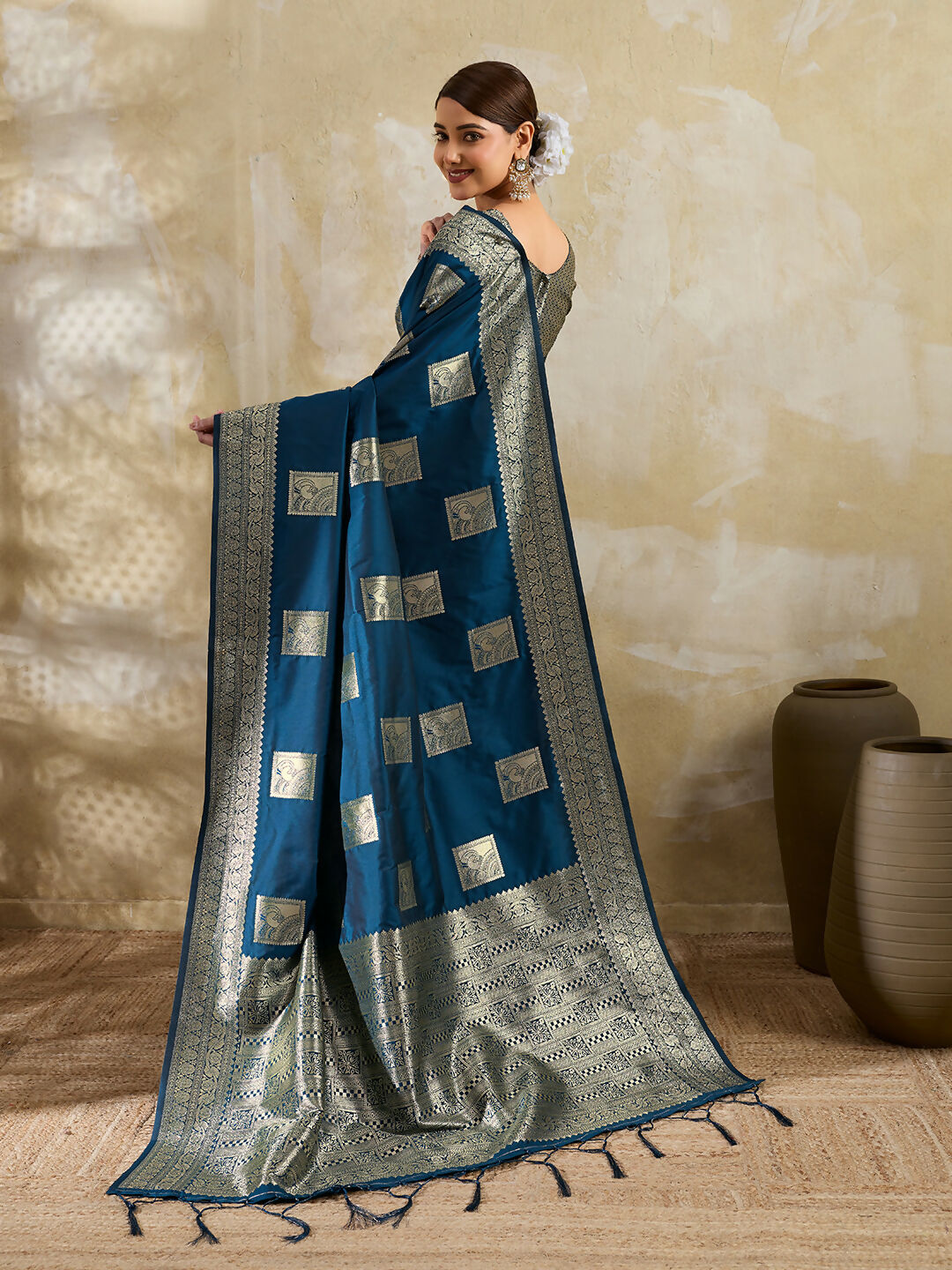 Shree Shyam Fashion Teal Blue Silk Blend Saree | Grocsy