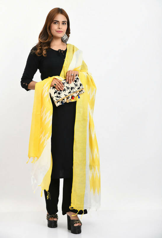 Mominos Fashion Moeza Women's Handloom Cotton Ikkat Yellow Dupatta | Grocsy