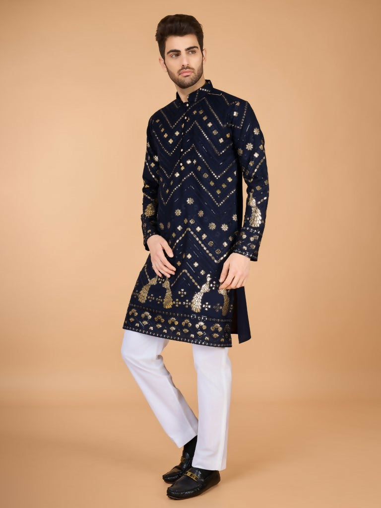 Vastranavya Navy Blue Exclusive Festival Wear Pure Viscose Rayon Embroidered Sequence Work Kurta | Grocsy