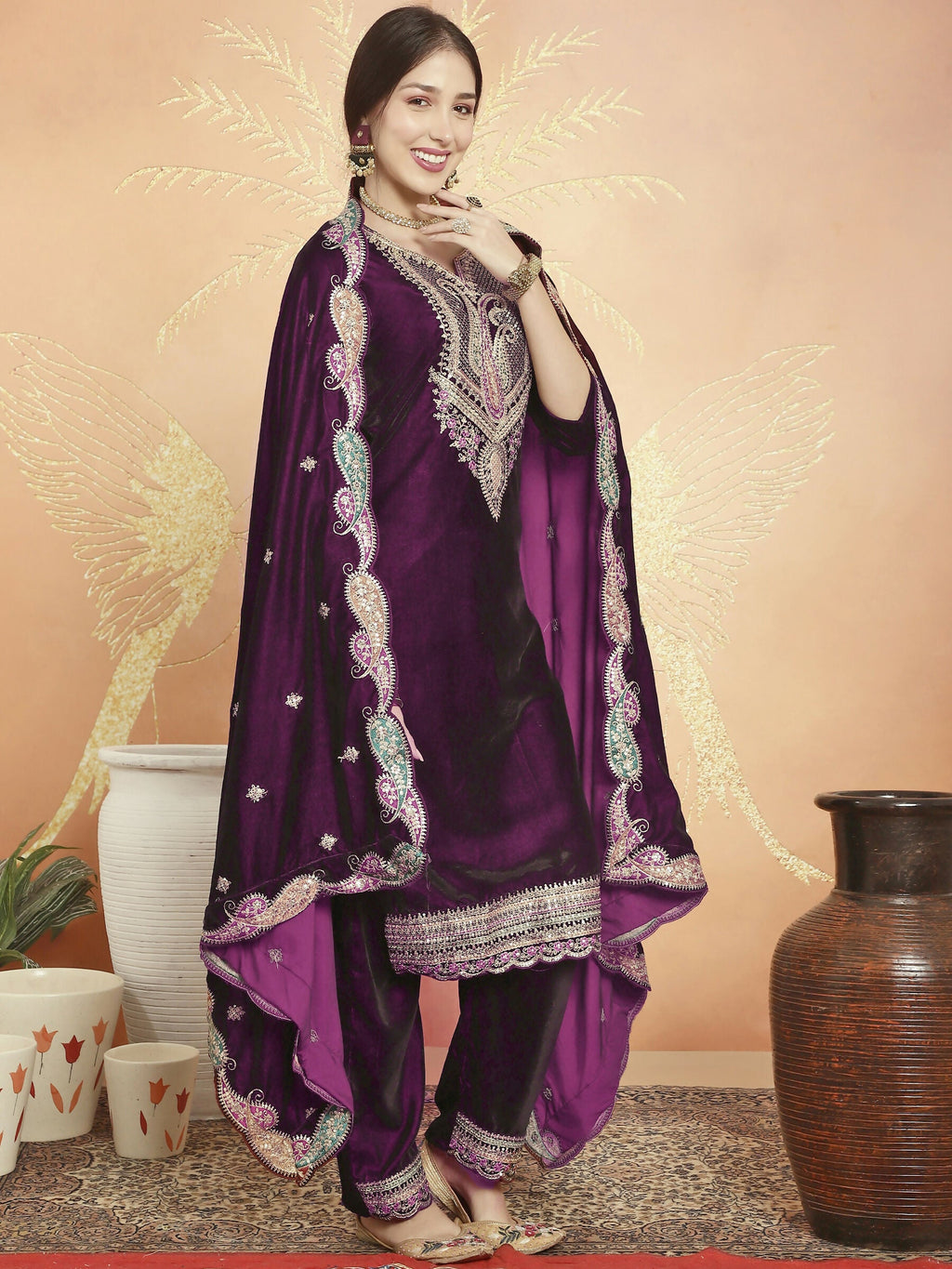 Jyoti Fashion Women's Wine Velvet Cording with Resham Thread & Sequin Kurta with Trouser & Dupatta | Grocsy