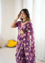 PR Fashion Purple Linen Patta Printed Saree | Grocsy