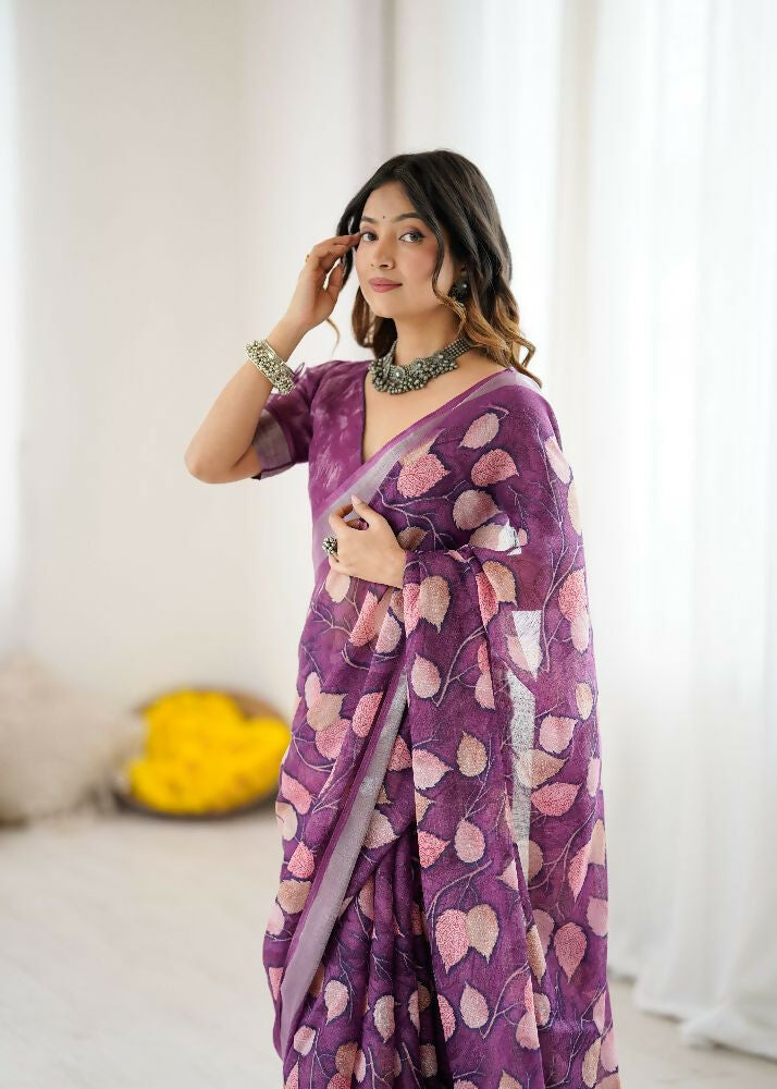 PR Fashion Purple Linen Patta Printed Saree | Grocsy