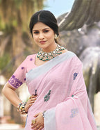 Sangam Prints Light Pink Linen Woven Work Traditional Saree | Grocsy
