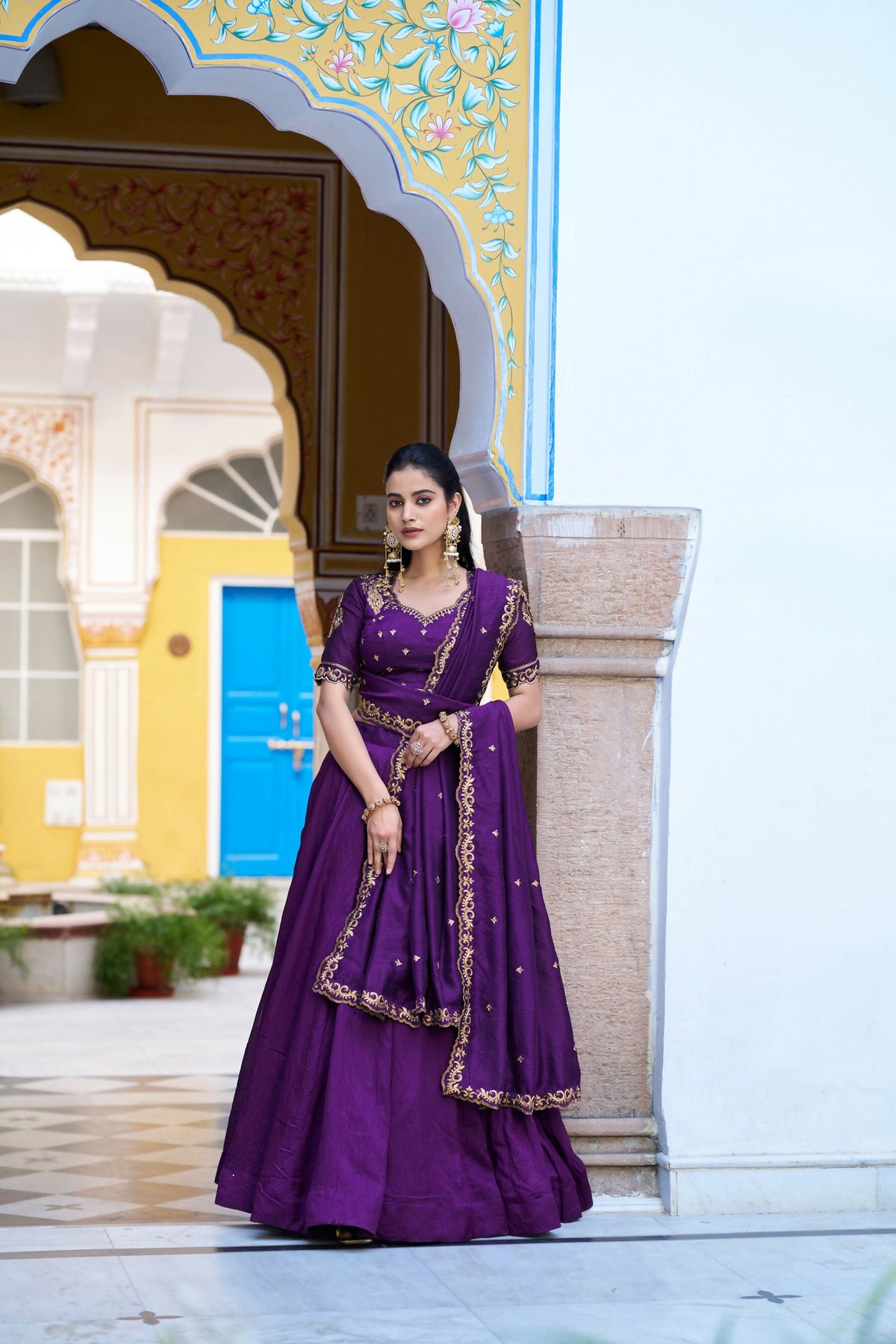 Lorenvalley Fashion Purple NC Silk Plain Lehenga Embroidery Work Choli with Dupatta | Grocsy