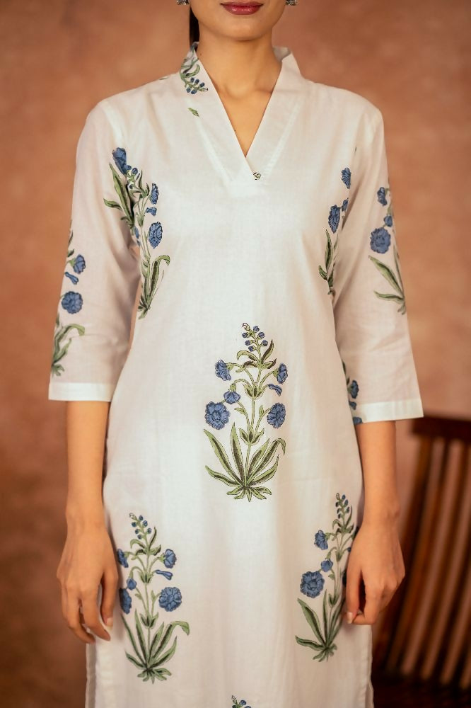Joban Fashion Off White Blue Hand Block Printed Cotton Suit Set | Grocsy