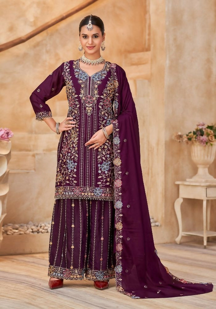 Anaita Maroon Vichitra Silk Readymade Palazzo Suit with Embroidery & Lace Work | Grocsy