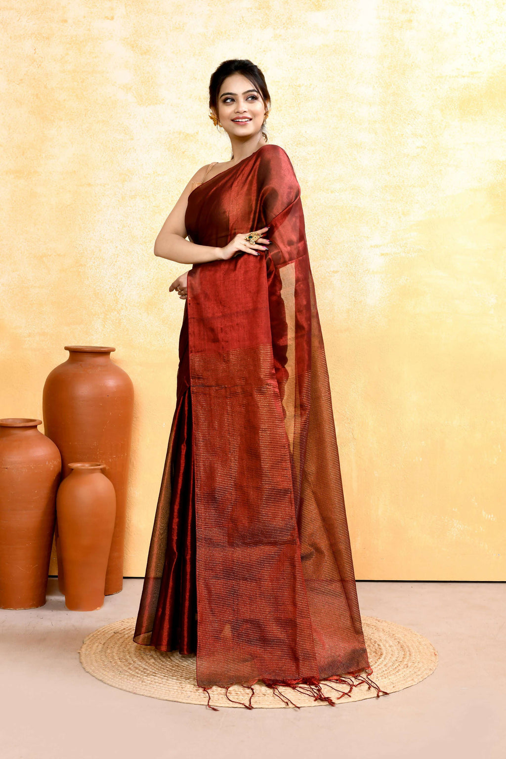 Piyari Fashion Women's Maroon Dual Tone Organic Tissue Saree With Blouse Piece | Grocsy