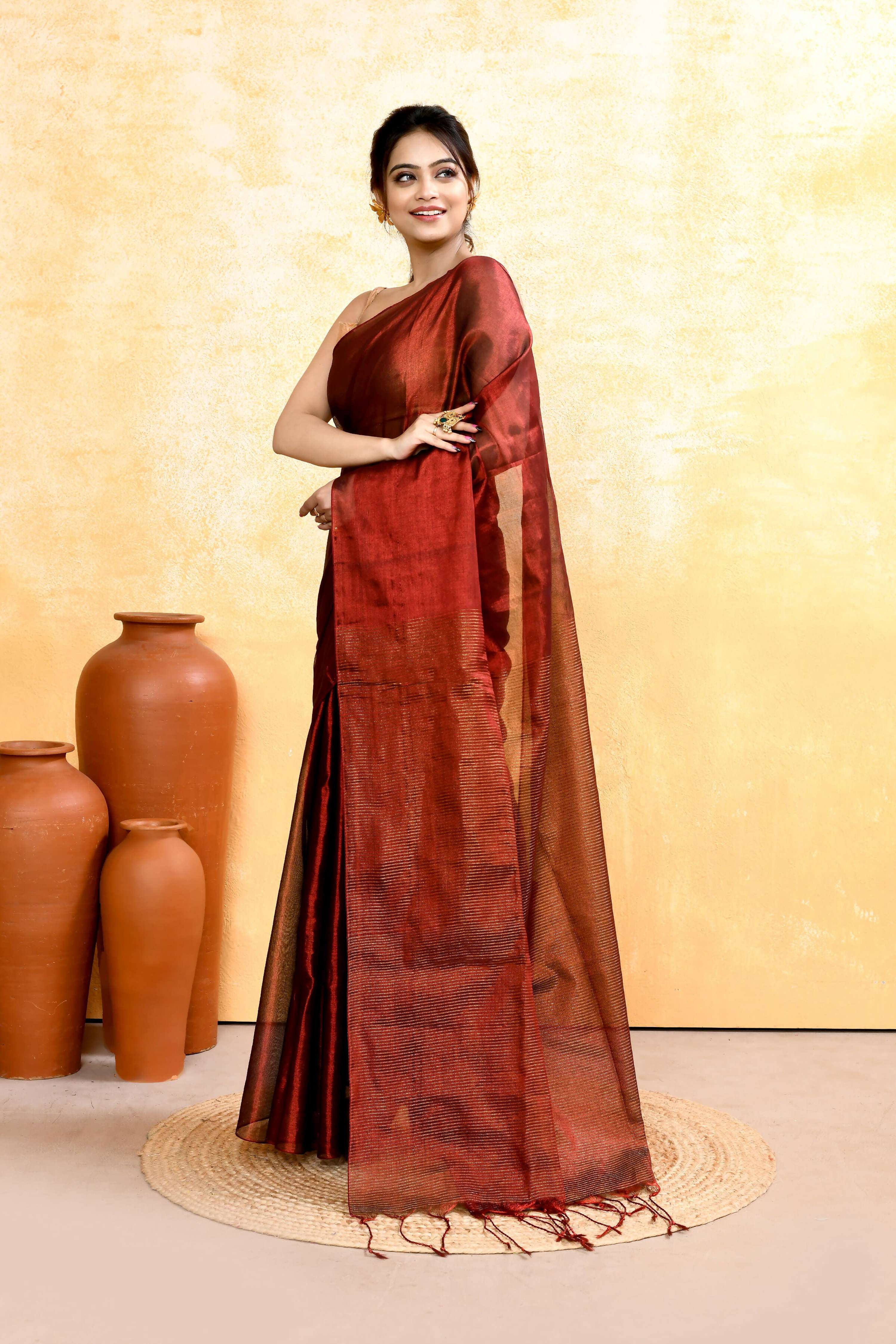 Piyari Fashion Women's Maroon Dual Tone Organic Tissue Saree With Blouse Piece | Grocsy