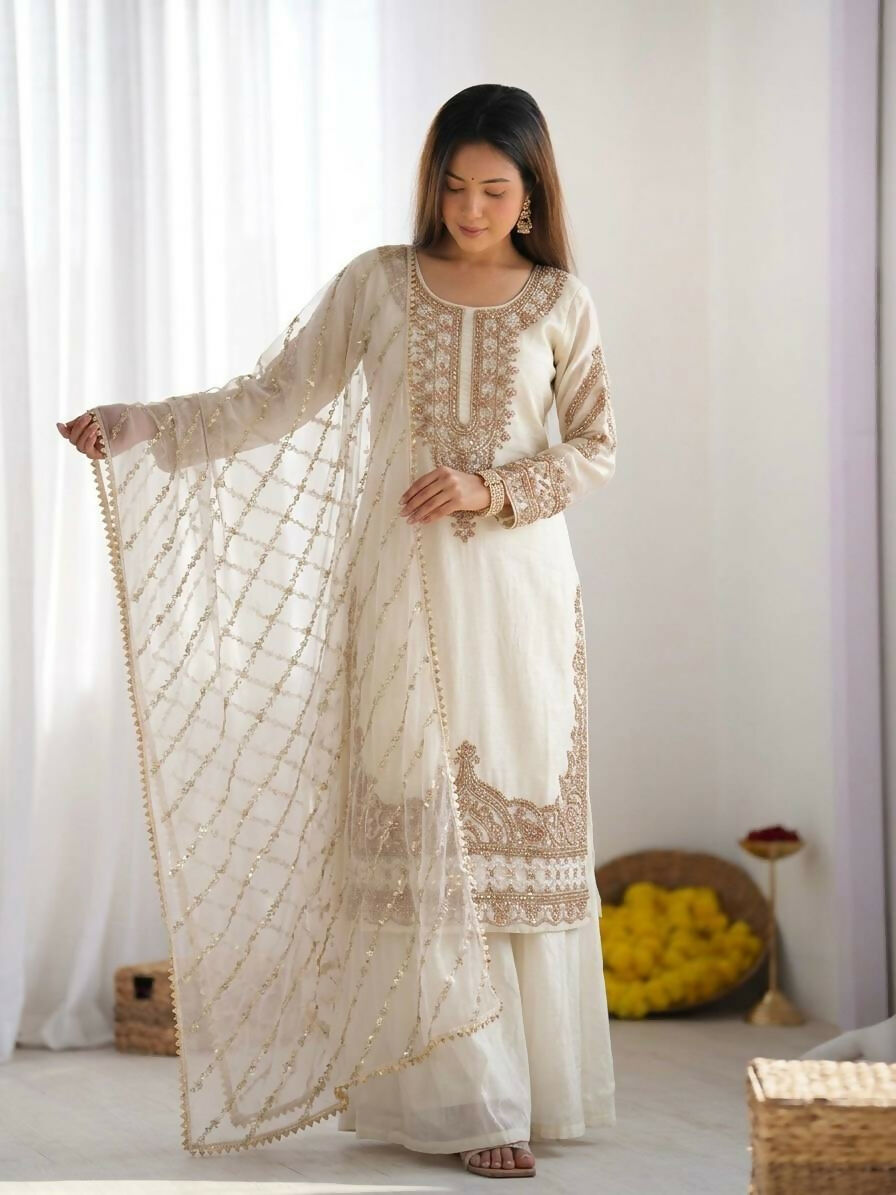 Teeya Creation Womens New Trendy Stylish Fancy Embroidery Beads Work Kurta Sharara Set For Wedding Wear - White | Grocsy