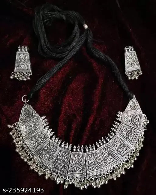 Tehzeeb Creations Women's German Silver Oxidised Necklace And Earrings Set | Grocsy