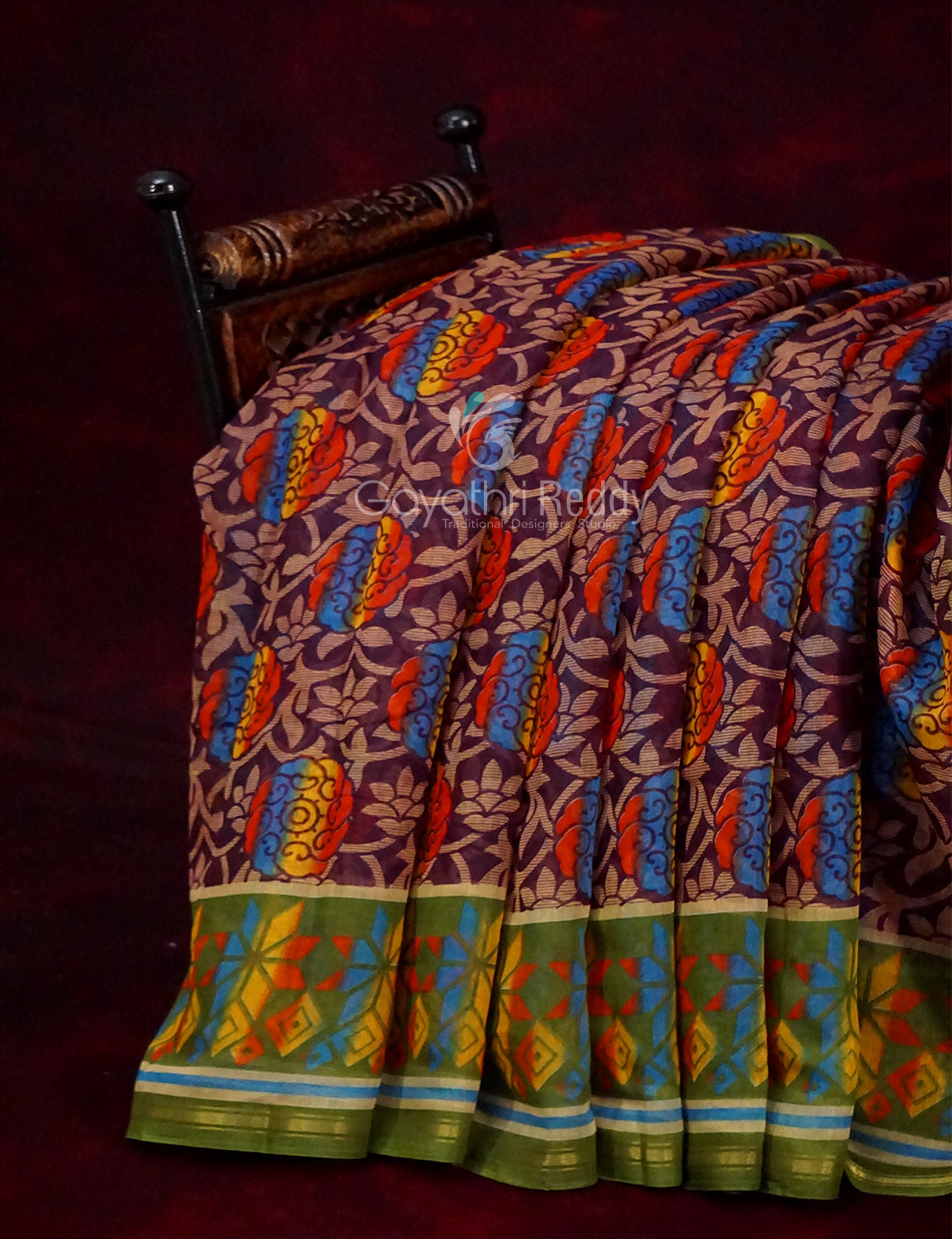 Shades of Dark Wine With Leaf Green Blouse Creeper Design Semi Chanderi Saree By Gayathri Reddy Designer Studio | Grocsy