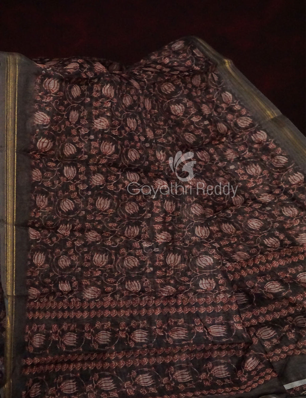Dark Coffee Brown Colour Lotus Design Semi Chanderi Saree By Gayathri Reddy Designer Studio | Grocsy