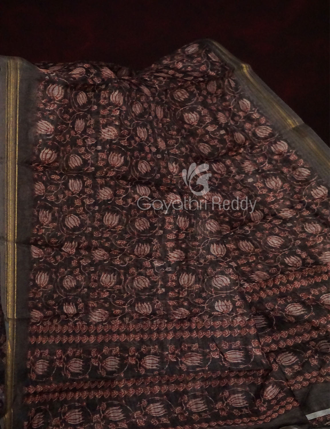 Dark Coffee Brown Colour Lotus Design Semi Chanderi Saree By Gayathri Reddy Designer Studio | Grocsy