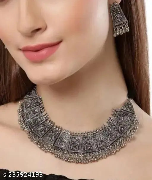 Tehzeeb Creations Women's German Silver Oxidised Necklace And Earrings Set | Grocsy