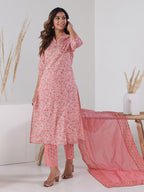HERE&NOW Women Pink Floral Printed Pure Cotton Kurta with Trousers & With Dupatta | Grocsy