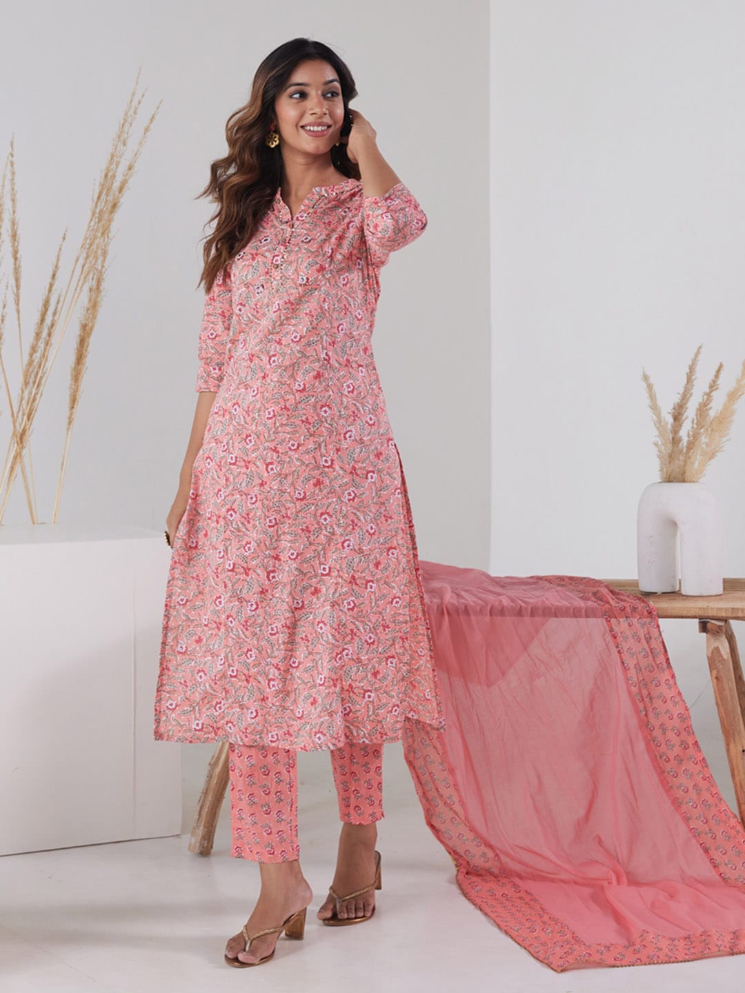 HERE&NOW Women Pink Floral Printed Pure Cotton Kurta with Trousers & With Dupatta | Grocsy