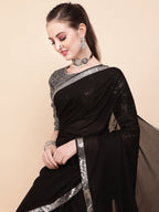 Sangria Black & Silver-Toned Sequinned Pure Georgette Celebrity Saree | Grocsy