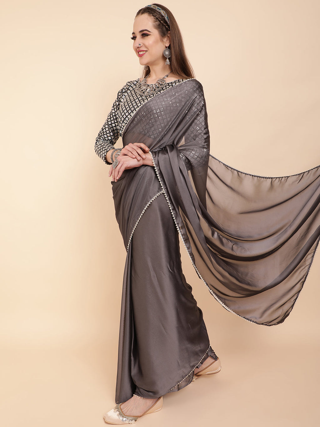 Sangria Grey Beads & Stones Satin Saree | Grocsy