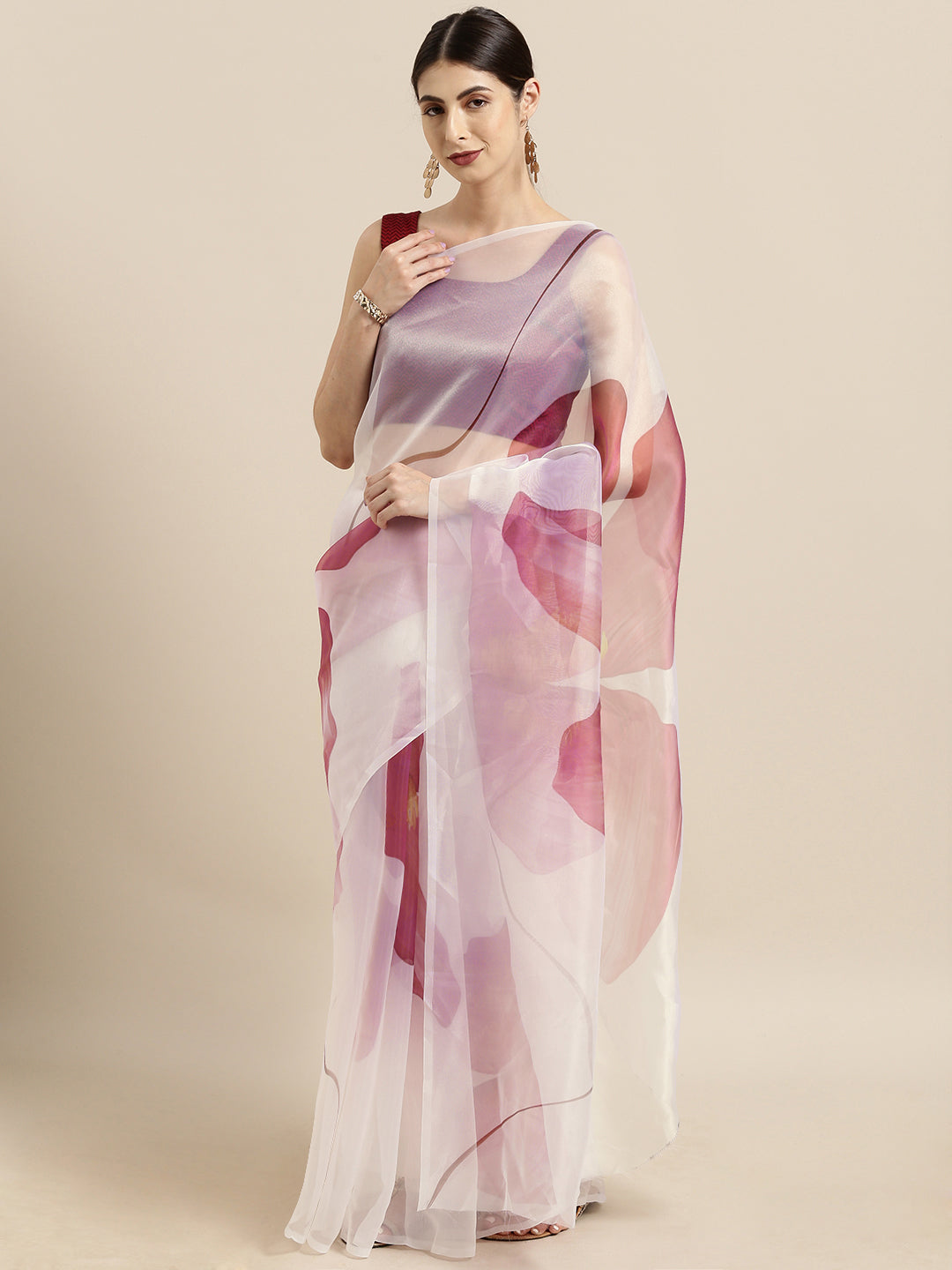Tikhi Imli White & Pink Organza Printed Saree | Grocsy