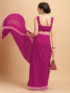 Sangria Magenta Solid Poly Georgette Ruffled Saree | Grocsy