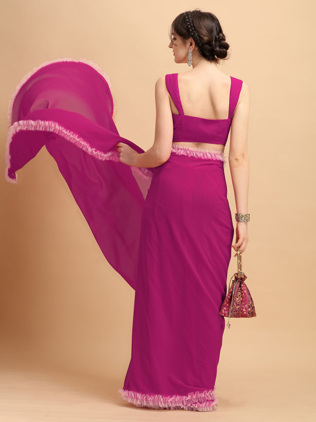 Sangria Magenta Solid Poly Georgette Ruffled Saree | Grocsy