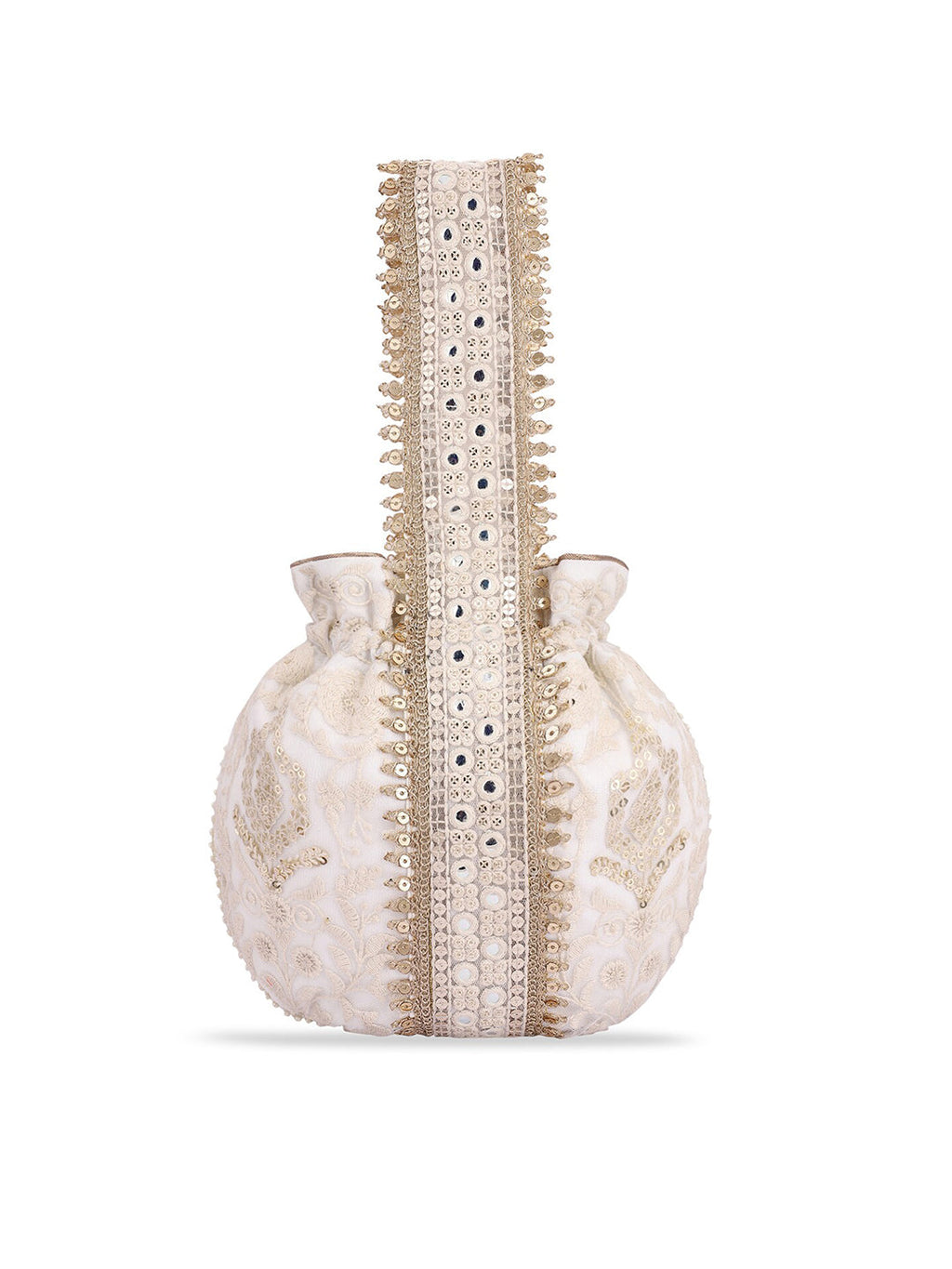 Masq Off White & Gold-Toned Embellished Embroidered Potli Clutch | Grocsy
