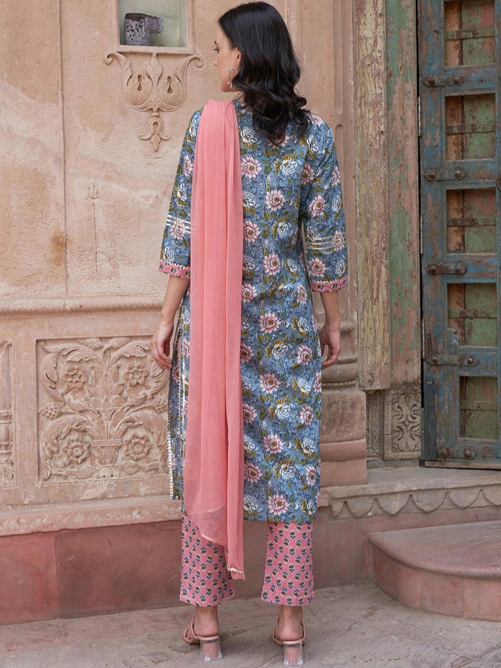 Sangria Blue Floral Printed Gotta Patti Pure Cotton Kurta with Trousers & Dupatta | Grocsy
