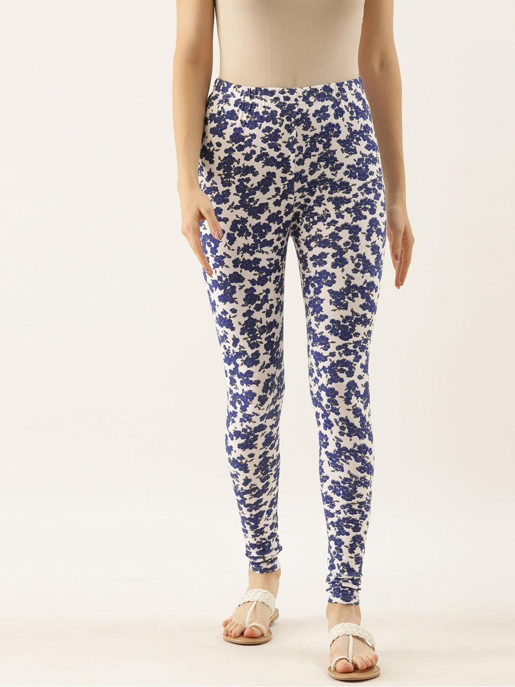 Souchii Women White & Blue Printed Slim-Fit Ankle-Length Leggings | Grocsy