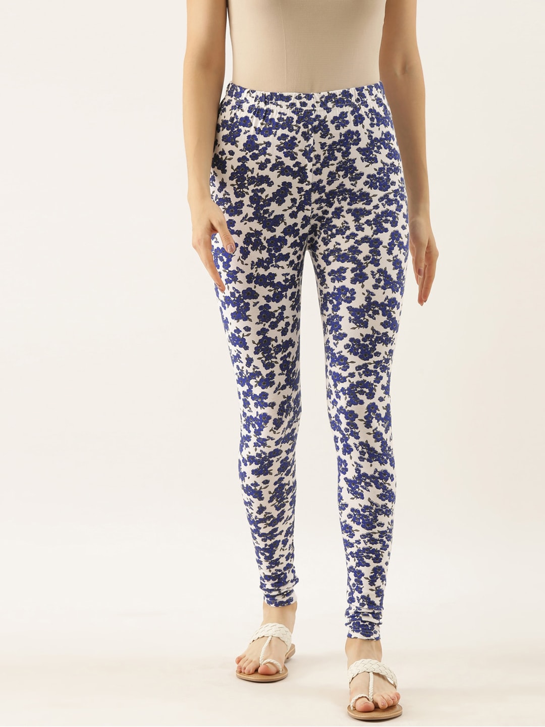Souchii Women White & Blue Printed Slim-Fit Ankle-Length Leggings | Grocsy