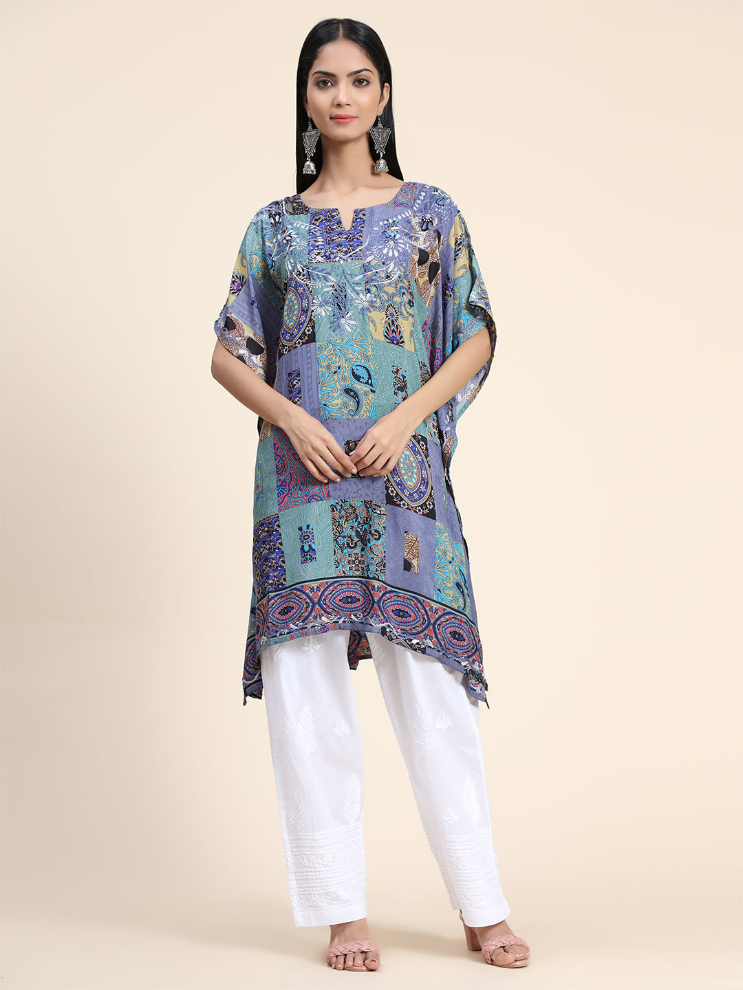 HOUSE OF KARI Ethnic Motifs Printed Notched Neck Chikankari Embroidery Cotton Kaftan Kurta | Grocsy