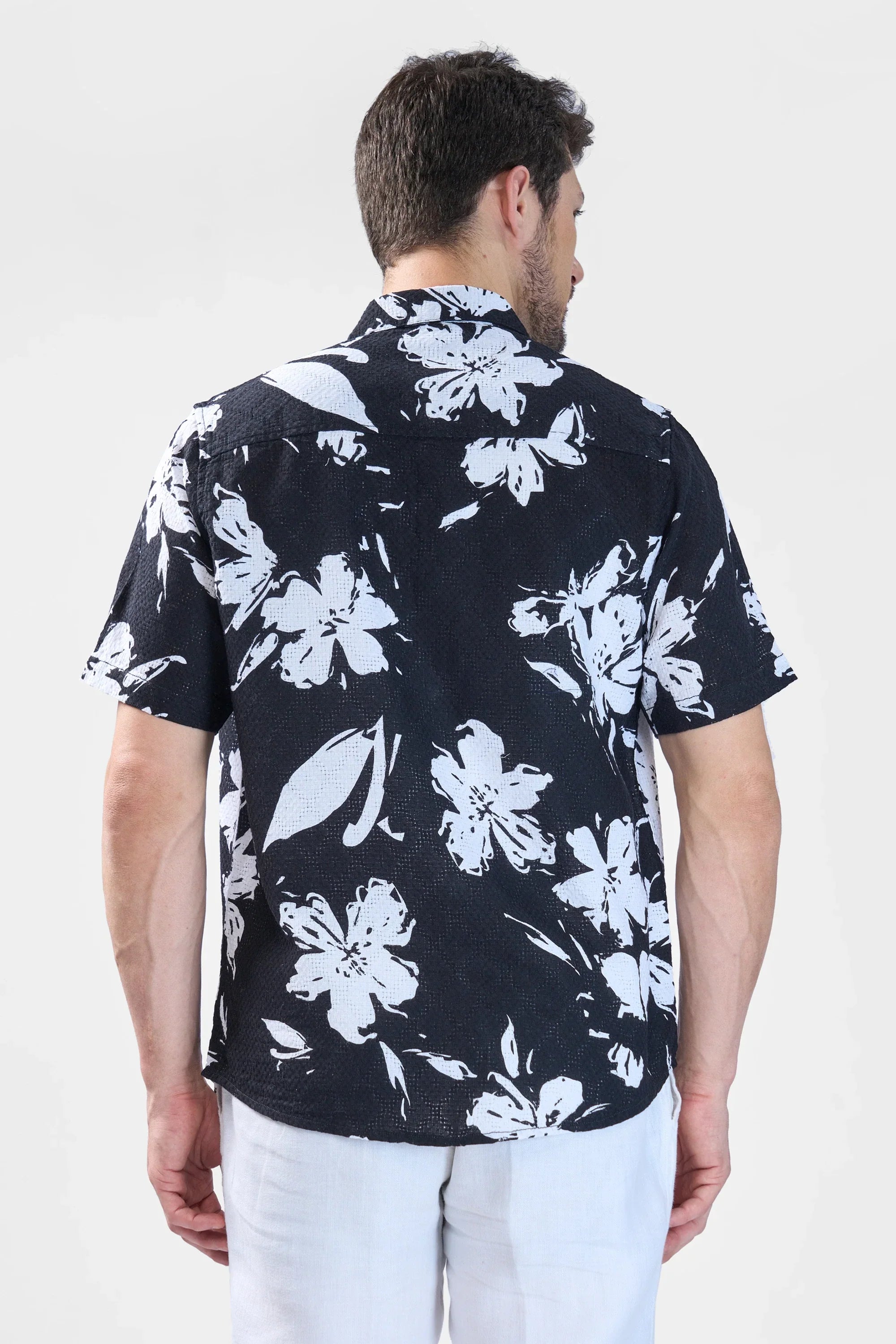 Xkind Black Floral Printed Textured Regular Fit Shirt | Grocsy